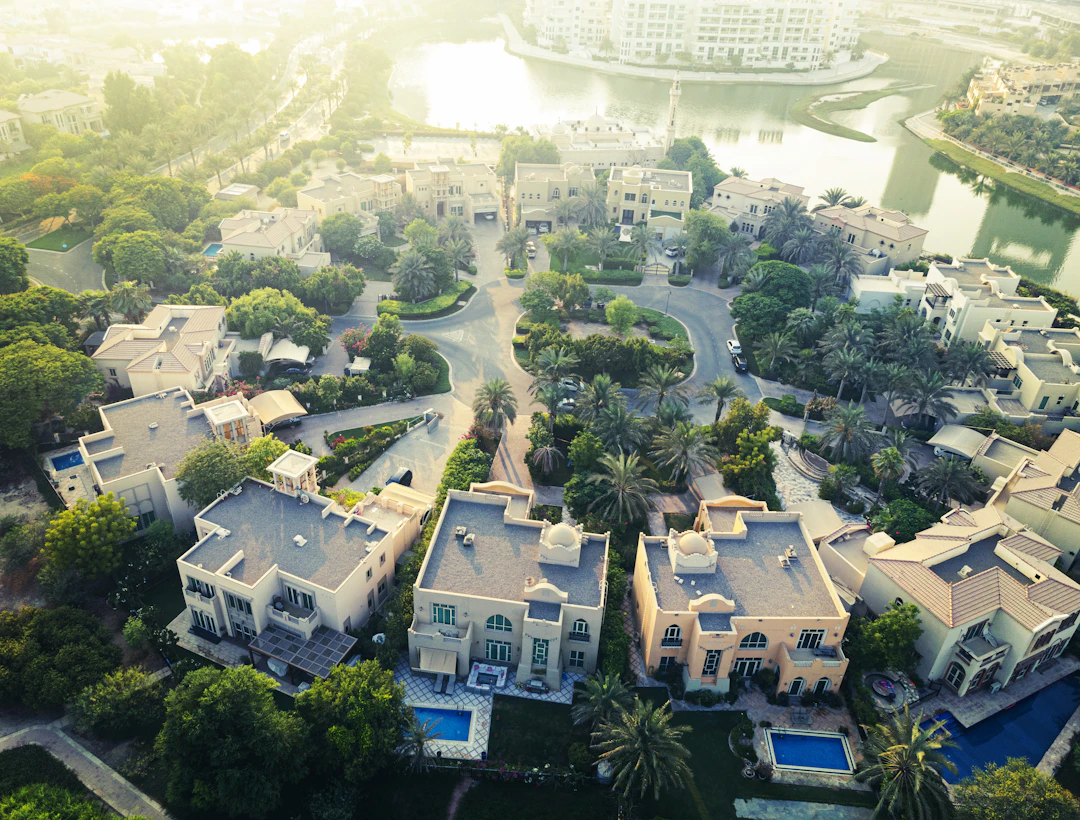 Aerial view of residential villas and landscaped streets