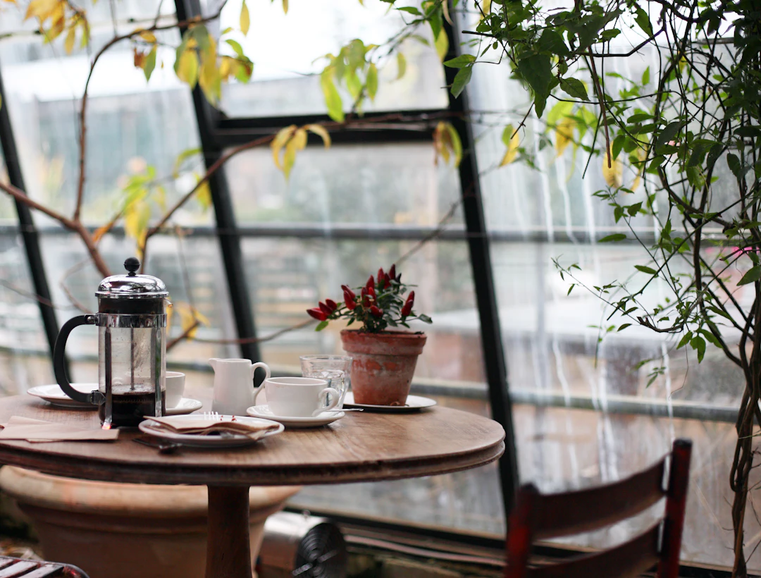 Coffee and a French press on a cafe table