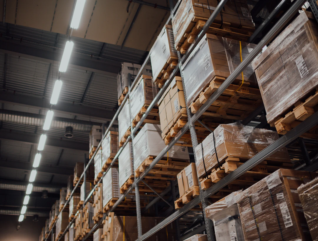 Cardboard boxes stored on warehouse shelves