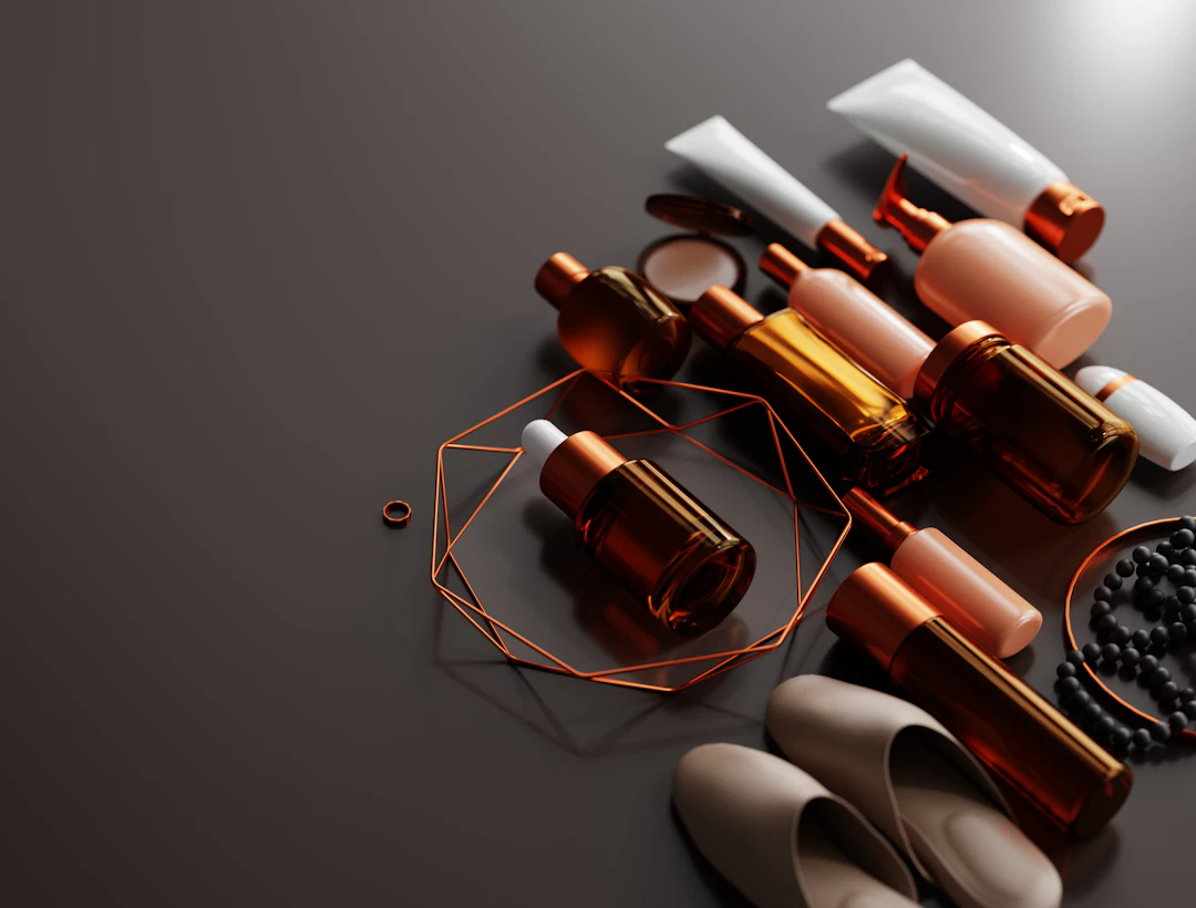 Cosmetic bottle and packaging in a product still life